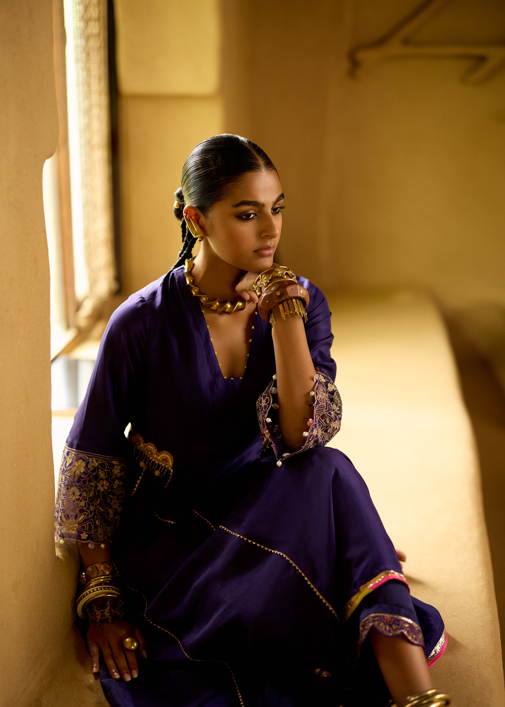 Nisbat Purple Silk Side Kali Kurta Set