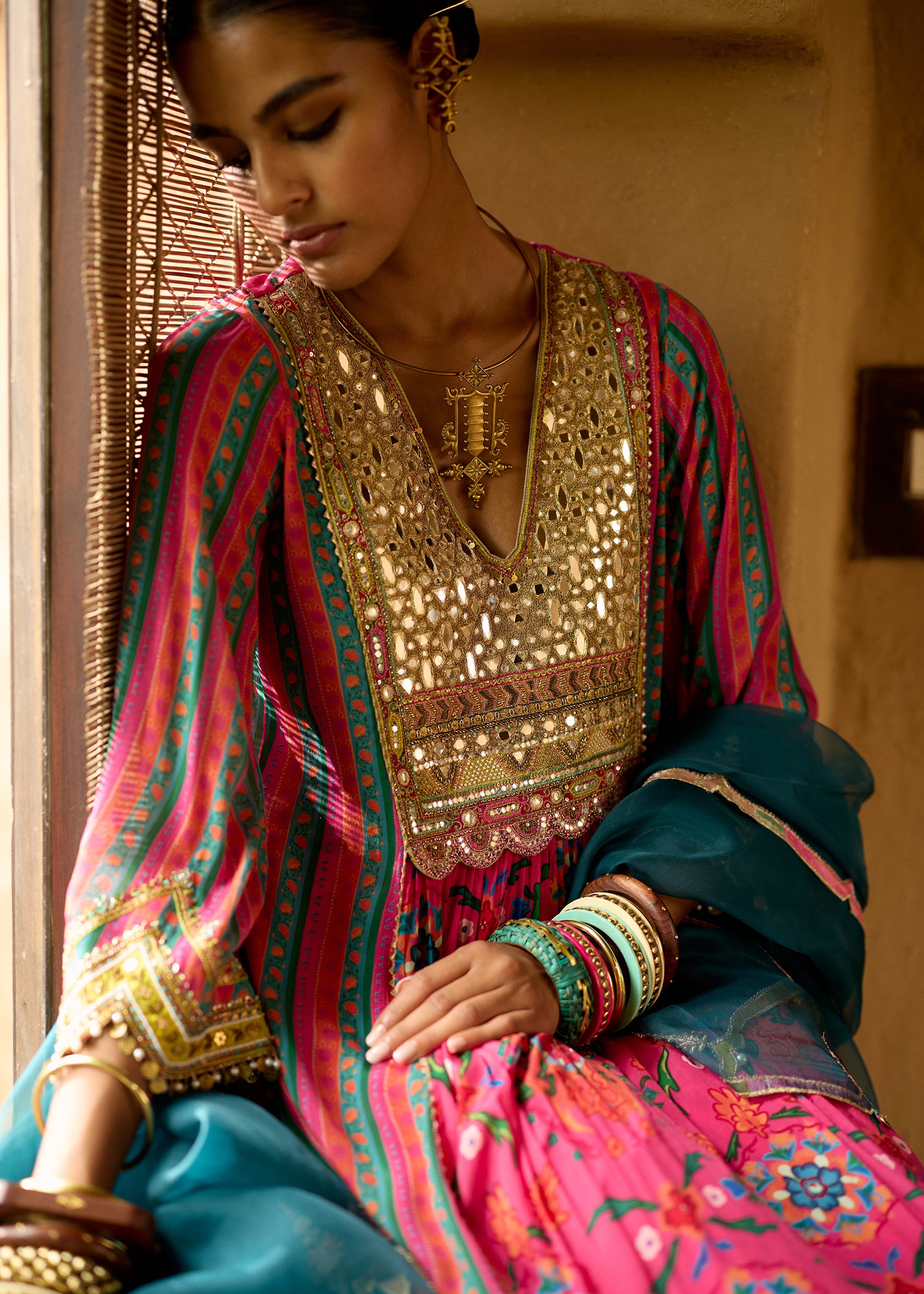 Nisbat Hot Pink Mirror Yoke Kurta Set