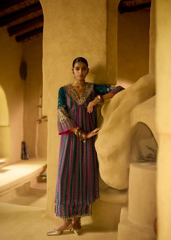 Nisbat Teal Front Puckering Embroidered Kurta Set