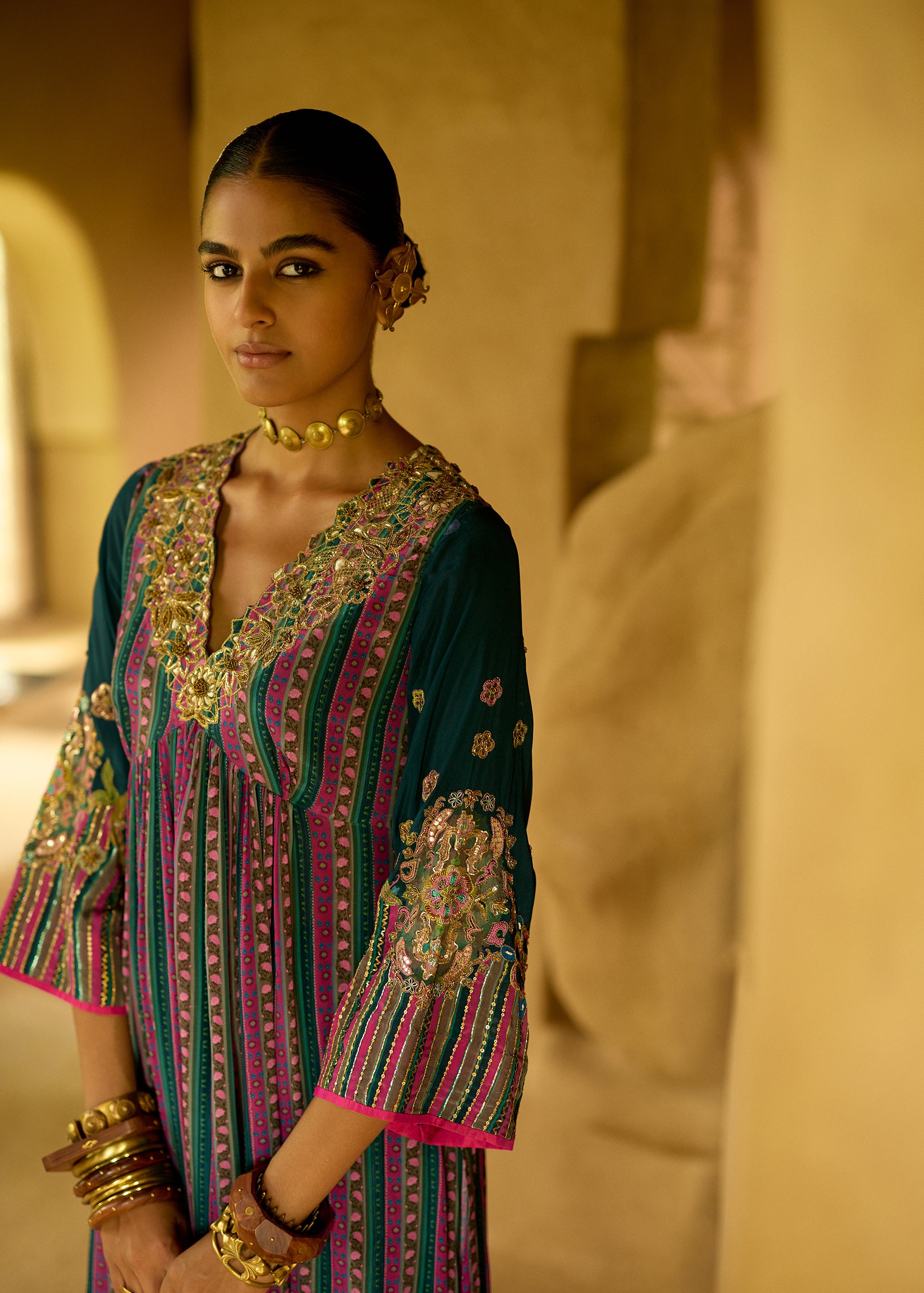 Nisbat Teal Front Puckering Embroidered Kurta Set