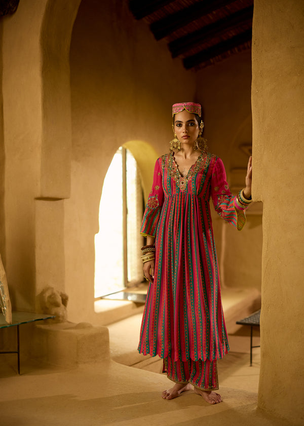 Nisbat Hot Pink Front Puckering Embroidered Kurta Set