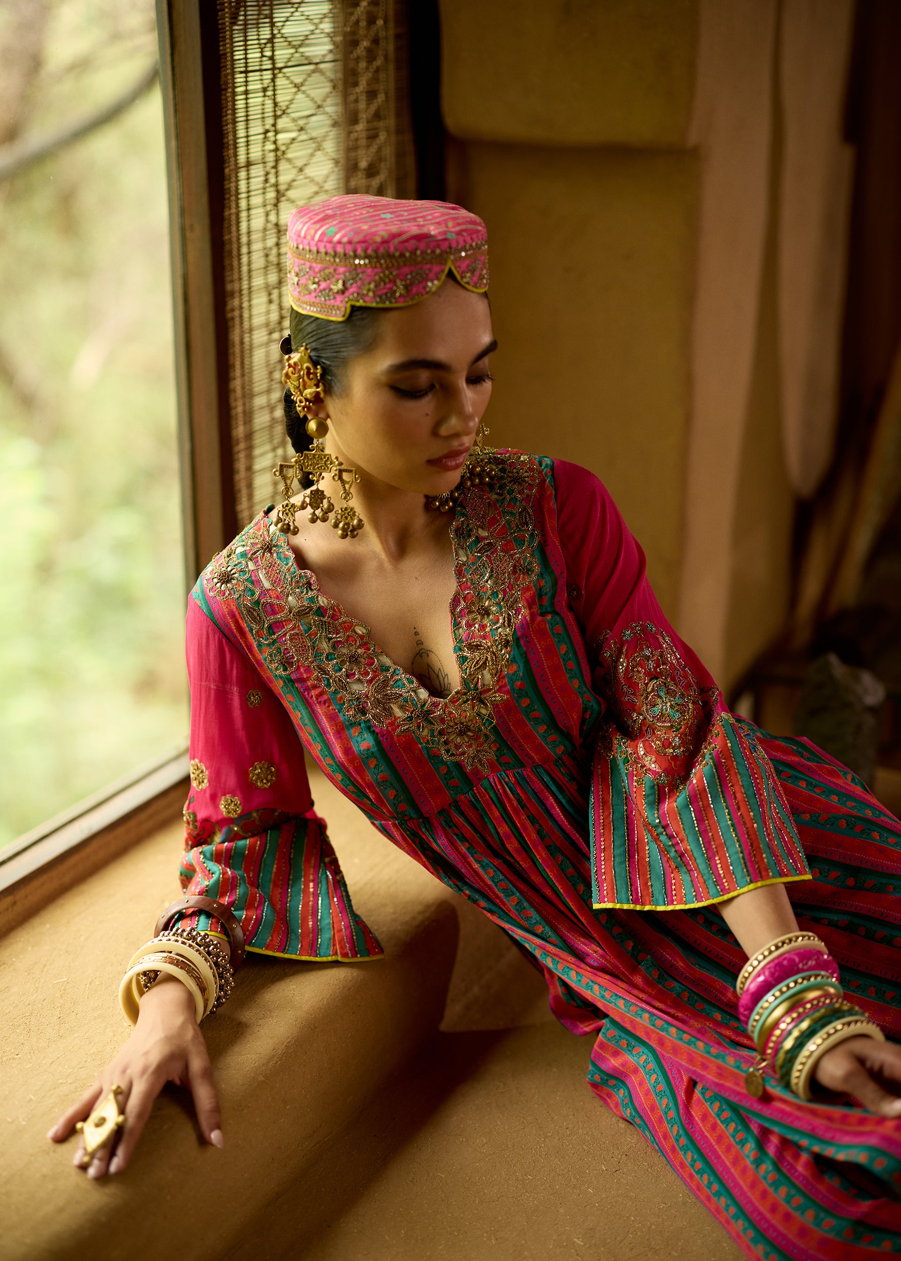 Nisbat Hot Pink Front Puckering Embroidered Kurta Set