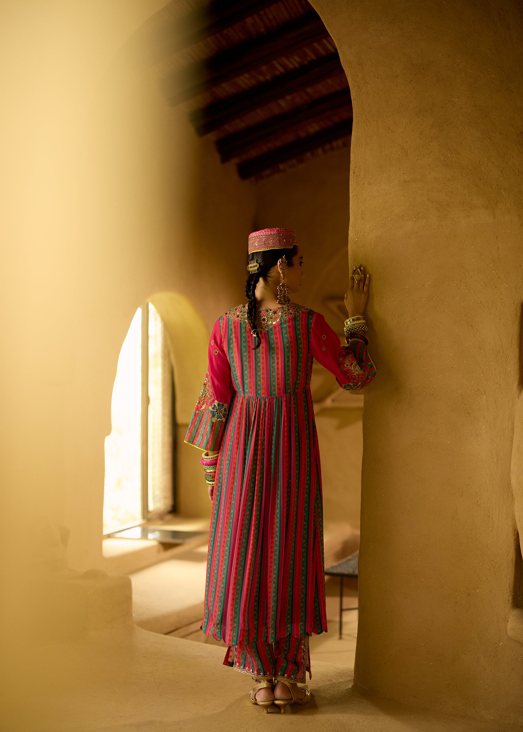 Nisbat Hot Pink Front Puckering Embroidered Kurta Set