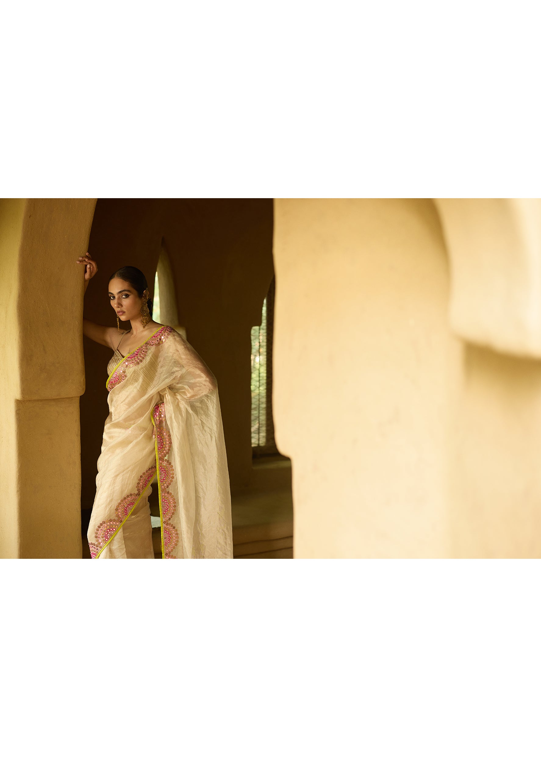 Nisbat Ivory Tissue Mirror Saree Set