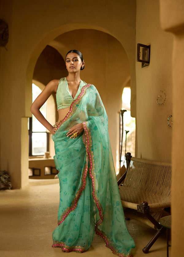 Nisbat Printed Organza Cutwork Border Saree