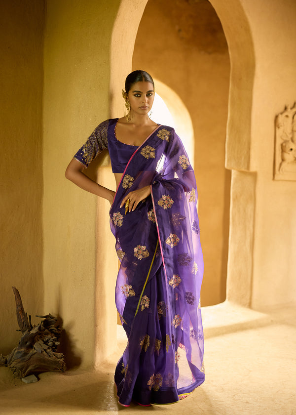 Nisbat Purple Organza Bouquet Saree Set