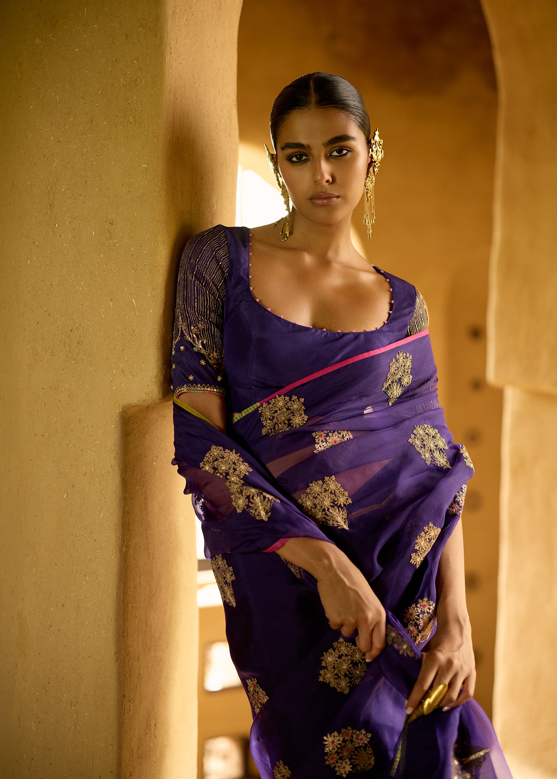 Nisbat Purple Organza Bouquet Saree Set