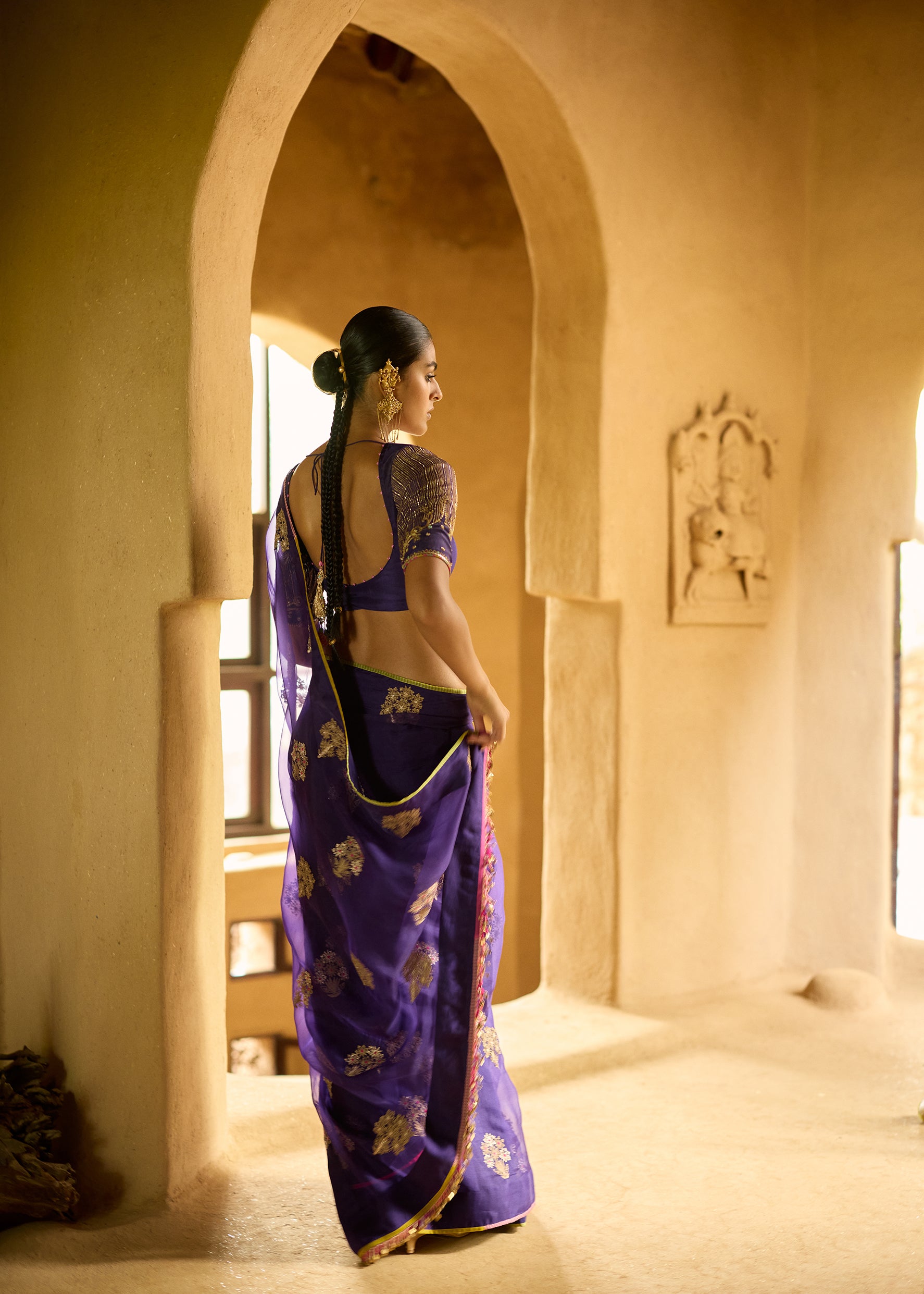 Nisbat Purple Organza Bouquet Saree Set