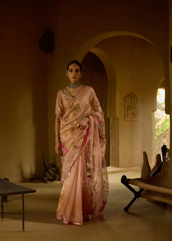 Nisbat Nude Pink Tissue Floral Jaal Saree Set