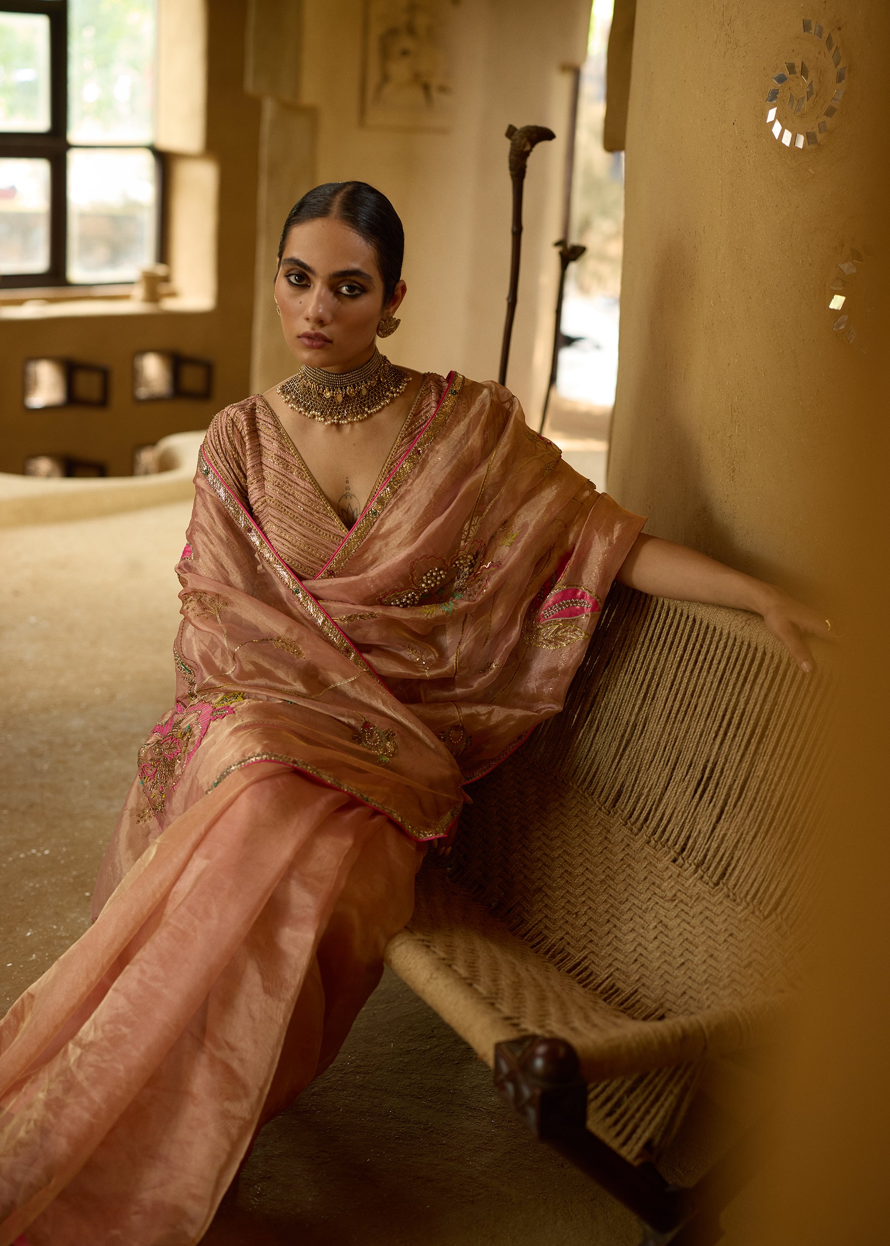 Nisbat Nude Pink Tissue Floral Jaal Saree Set