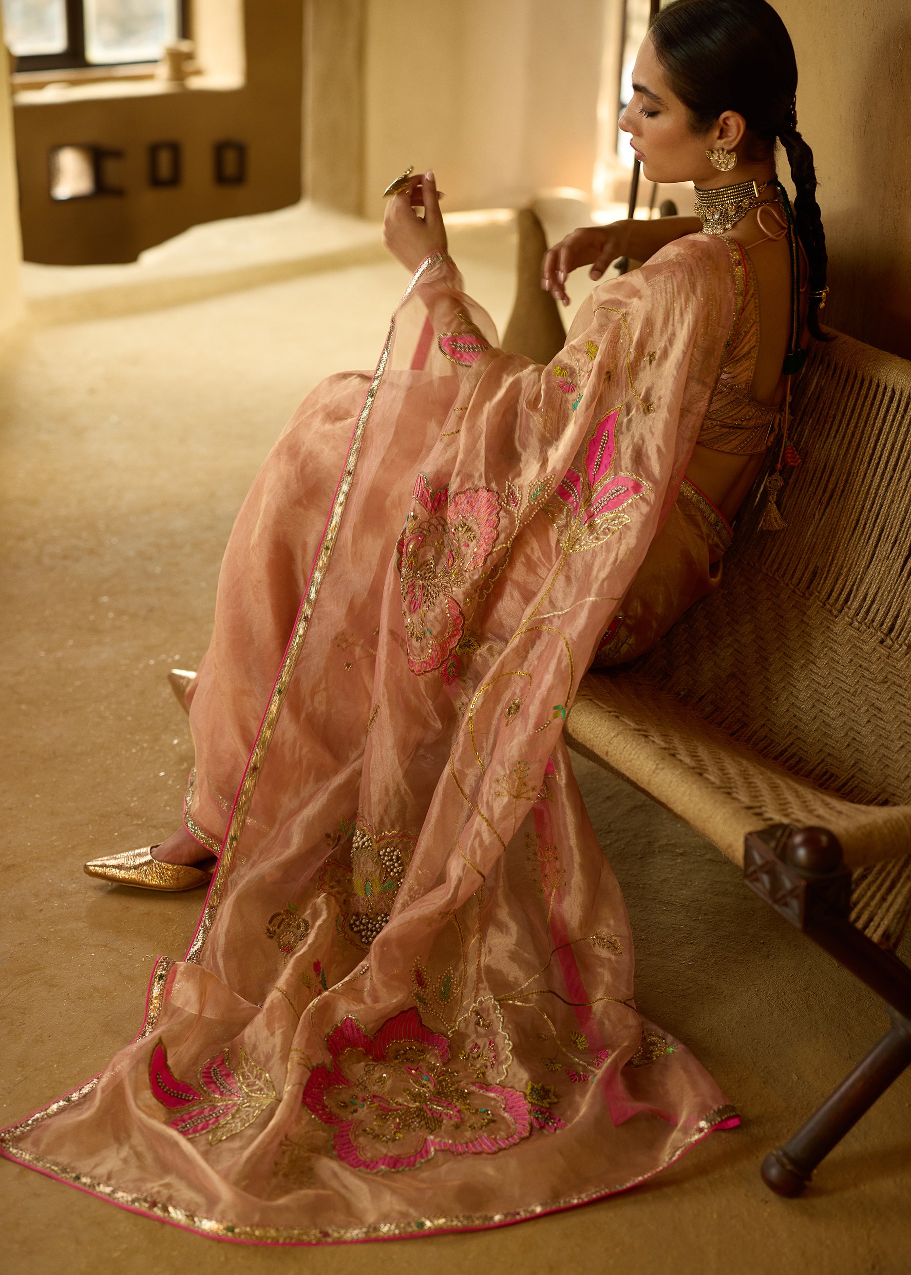 Nisbat Nude Pink Tissue Floral Jaal Saree Set