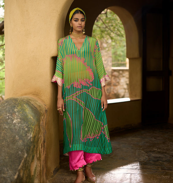 Nisbat Green Flower Print Kaftan Set