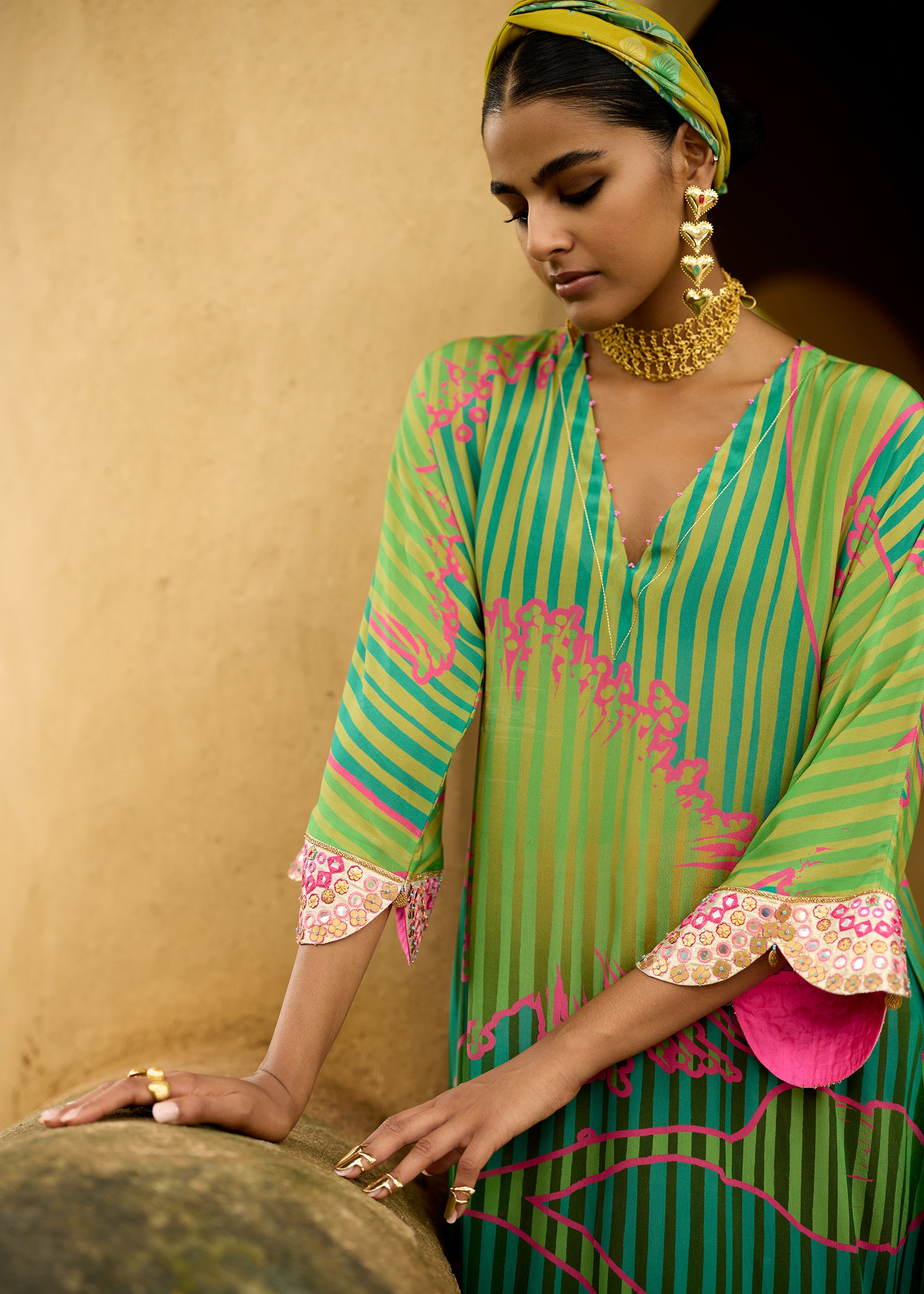 Nisbat Green Flower Print Kaftan Set