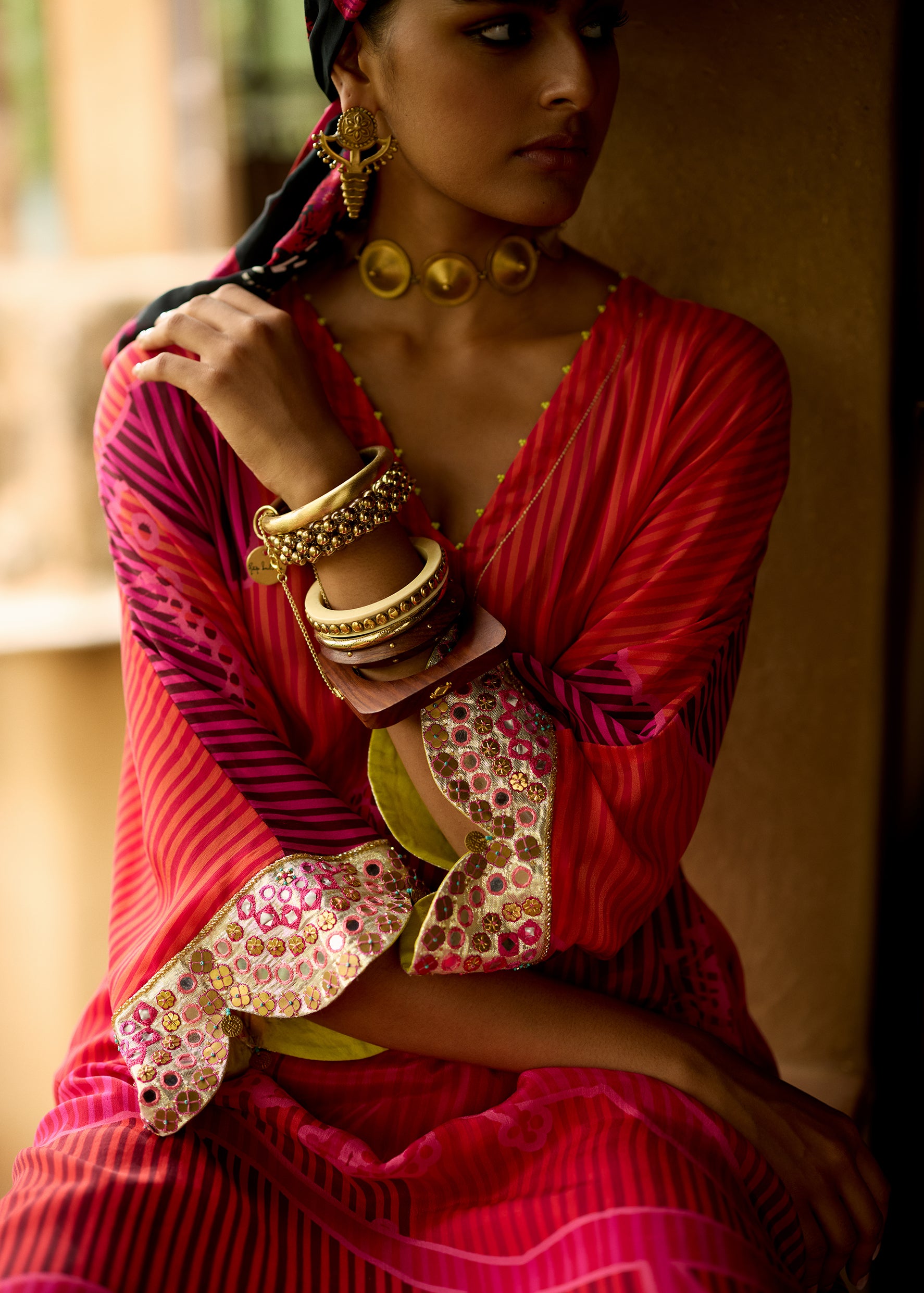 Nisbat Hot Pink Flower Print Kaftan