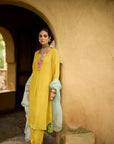 Nisbat Yellow Crepe Box Pleat Kurta Set