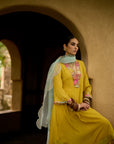 Nisbat Yellow Crepe Box Pleat Kurta Set