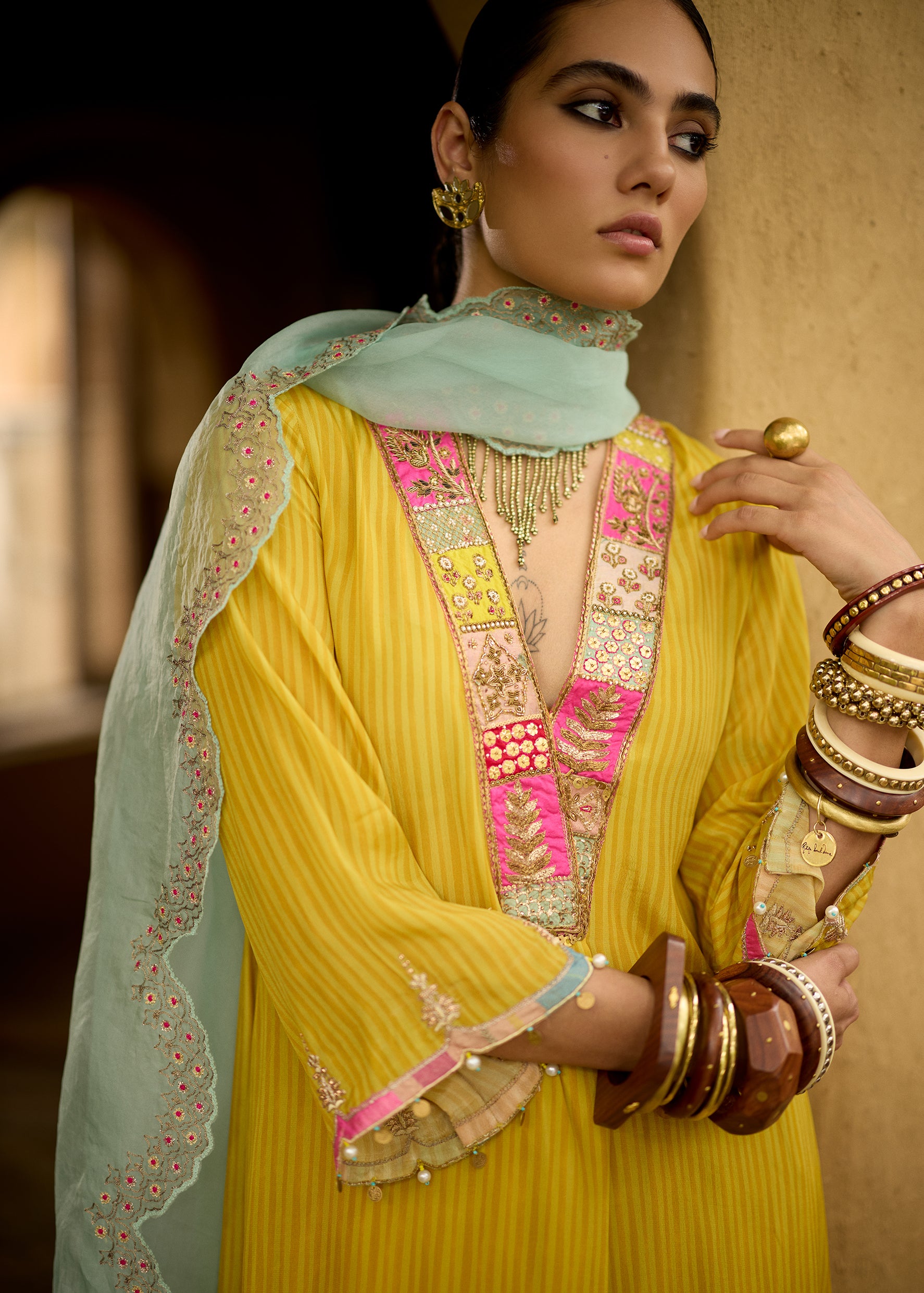 Nisbat Yellow Crepe Box Pleat Kurta Set