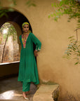 Nisbat Green Crepe Box Pleat Kurta Set