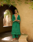 Nisbat Green Crepe Box Pleat Kurta Set