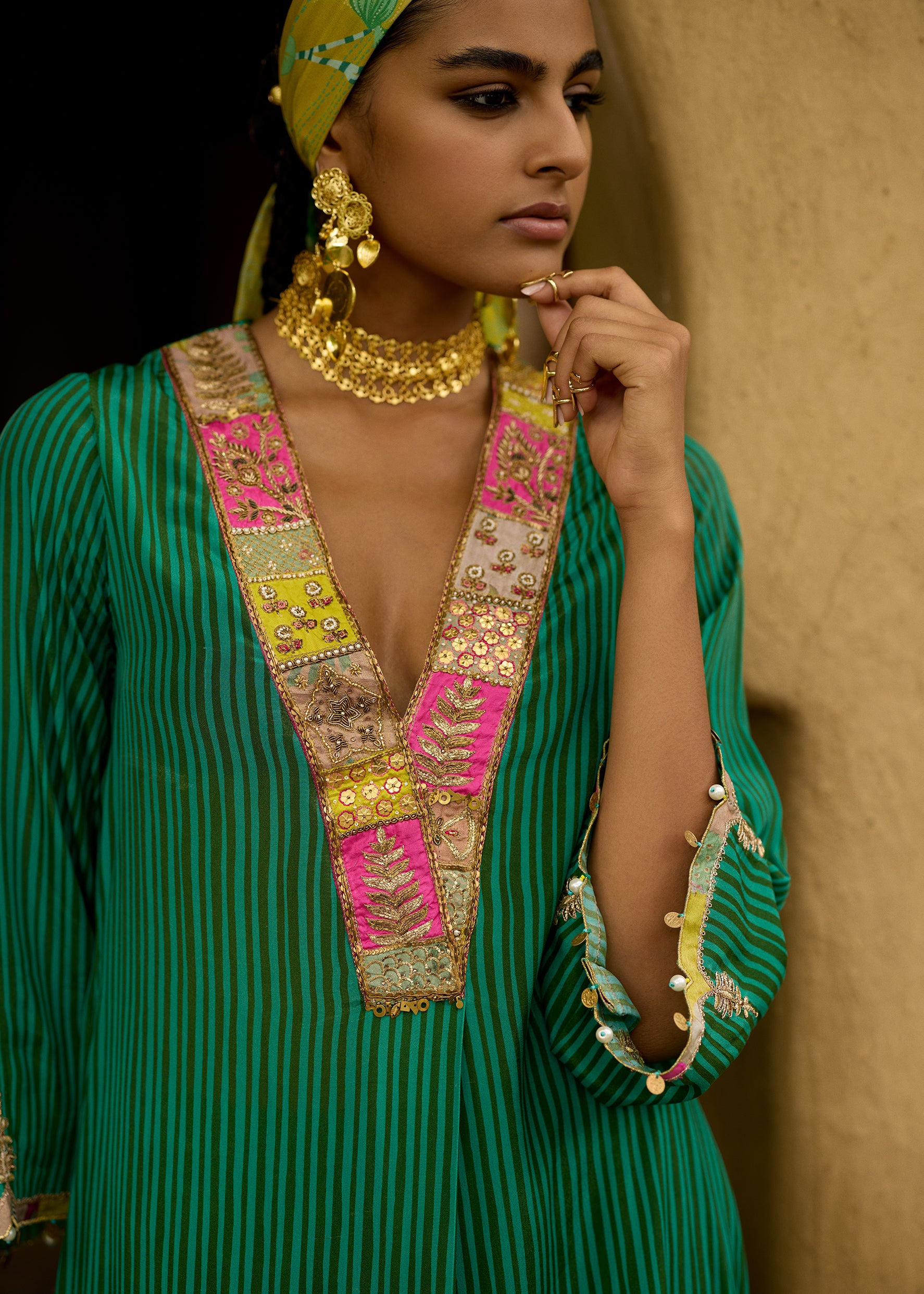 Nisbat Green Crepe Box Pleat Kurta Set