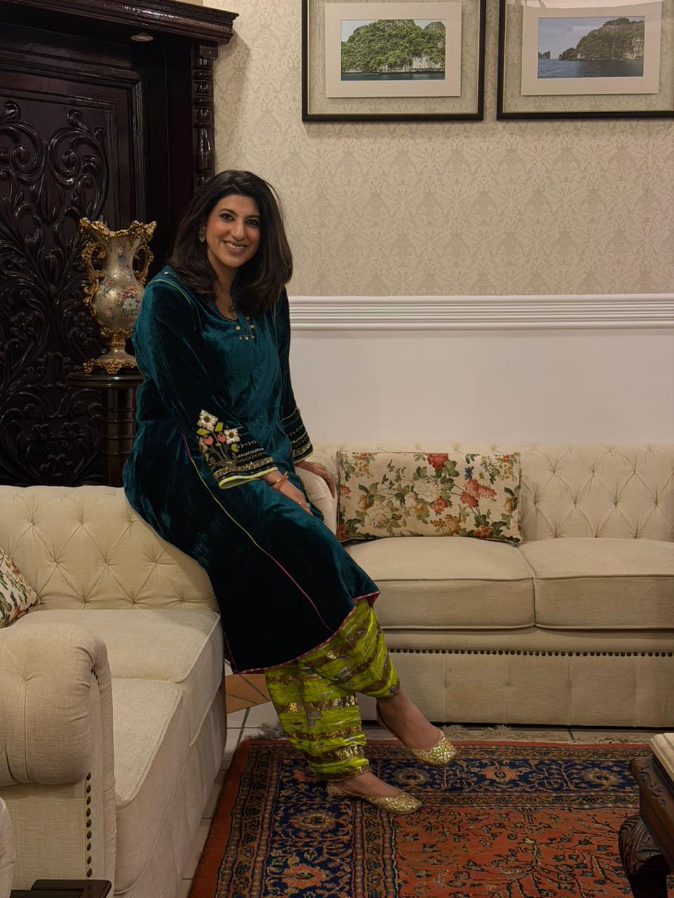 Nisbat Turquoise Green Flower Boota Kurta Set