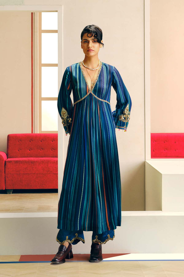NILOUFER TEAL-POWDER BLUE STRIPE ALIA CUT KURTA SET