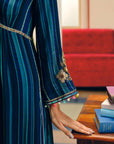 NILOUFER TEAL-POWDER BLUE STRIPE ALIA CUT KURTA SET