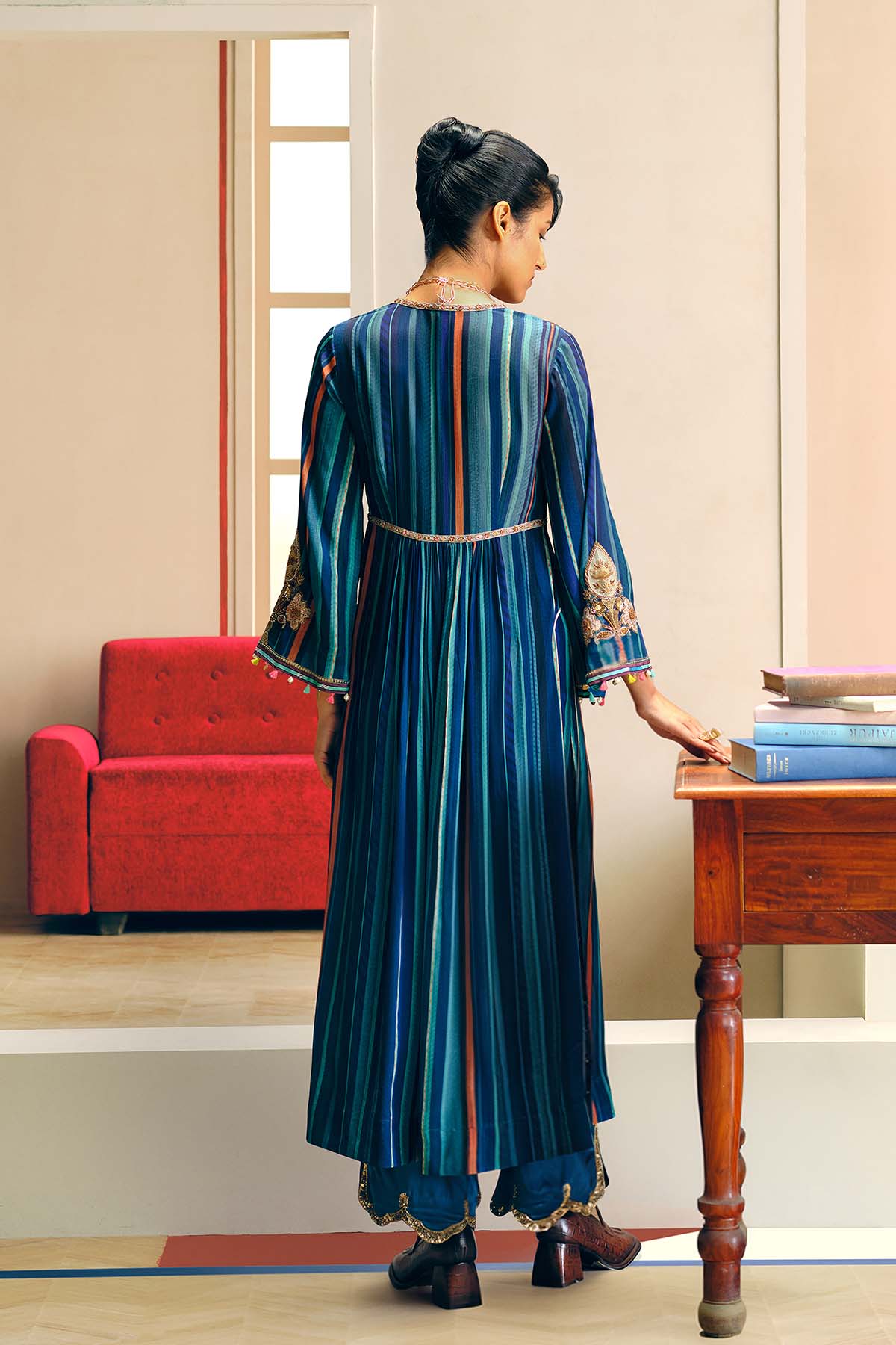 NILOUFER TEAL-POWDER BLUE STRIPE ALIA CUT KURTA SET
