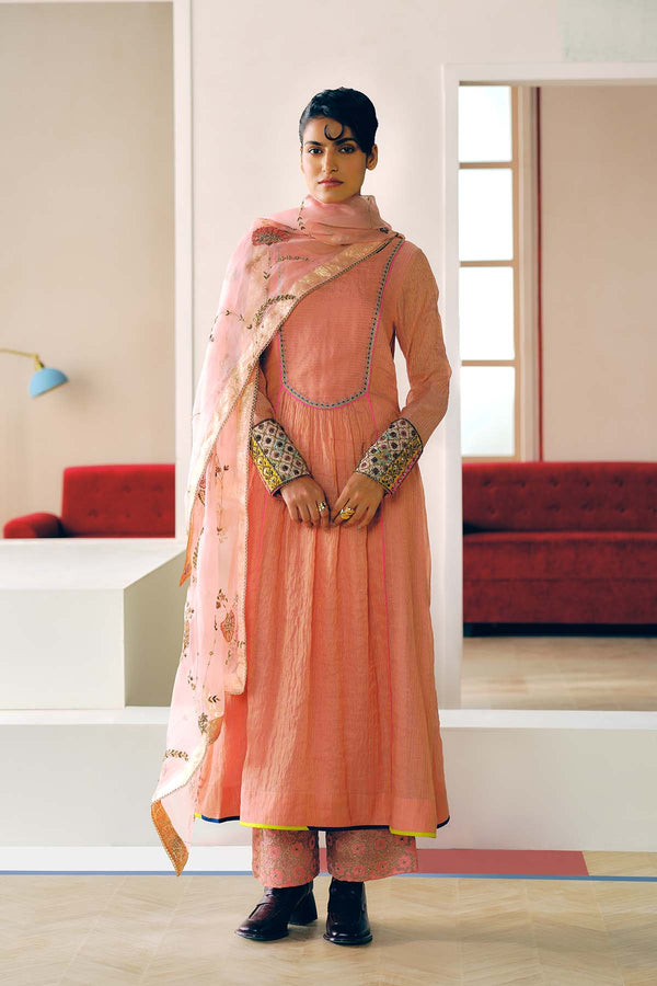NILOUFER ROSE PINK STRIPE CHANDERI FRONT PUCKERING KURTA SET
