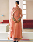 NILOUFER ROSE PINK STRIPE CHANDERI FRONT PUCKERING KURTA SET