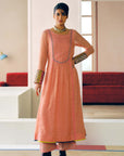 NILOUFER ROSE PINK STRIPE CHANDERI FRONT PUCKERING KURTA SET