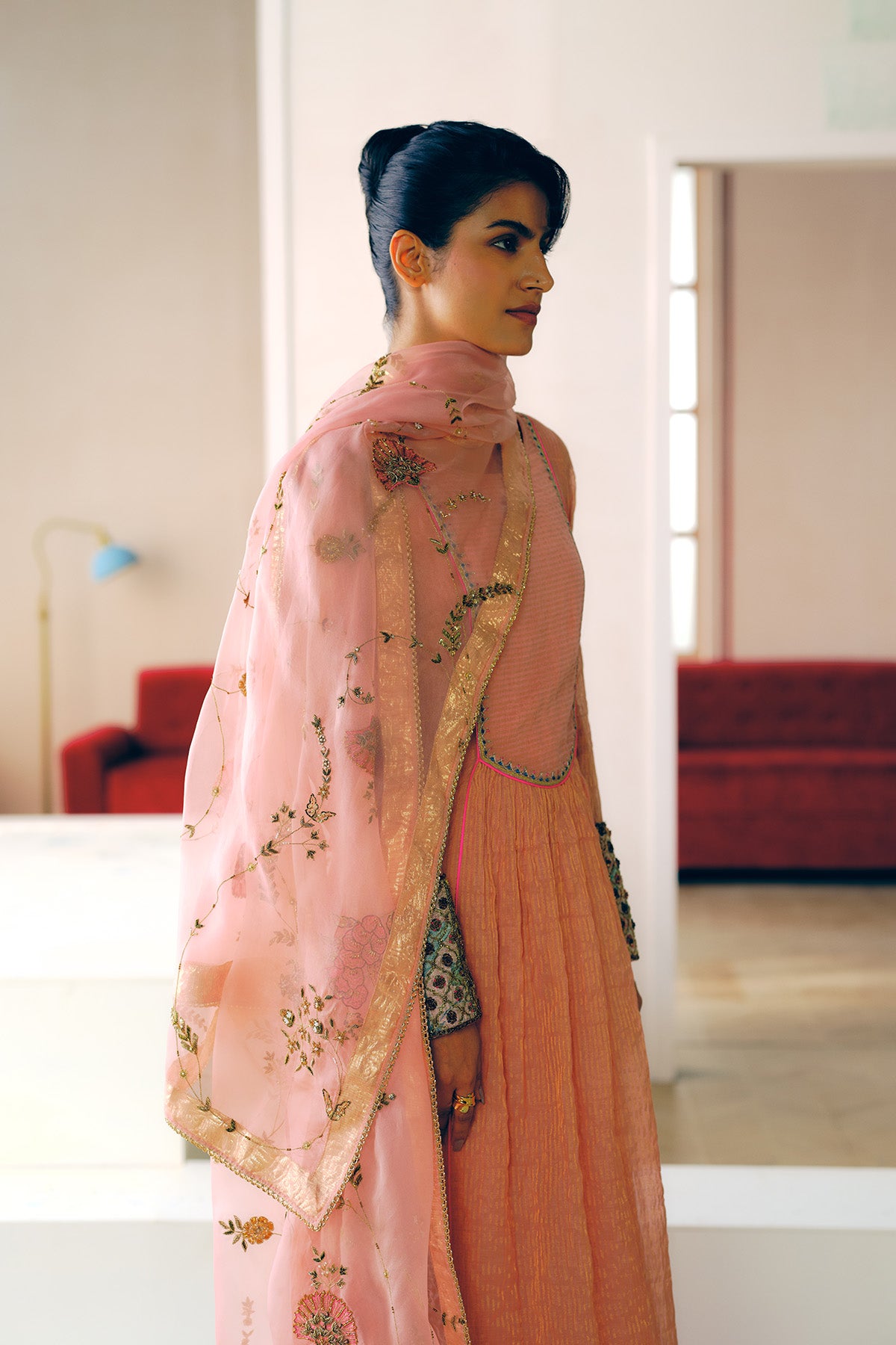 NILOUFER ROSE PINK STRIPE CHANDERI FRONT PUCKERING KURTA SET