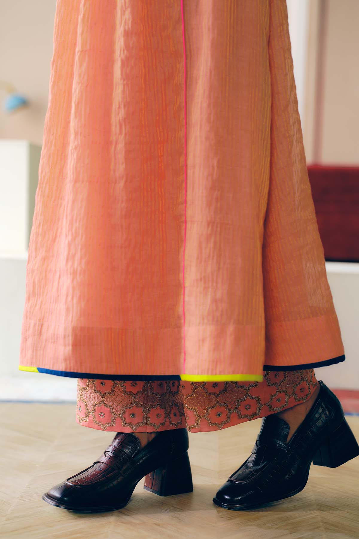 NILOUFER ROSE PINK STRIPE CHANDERI FRONT PUCKERING KURTA SET