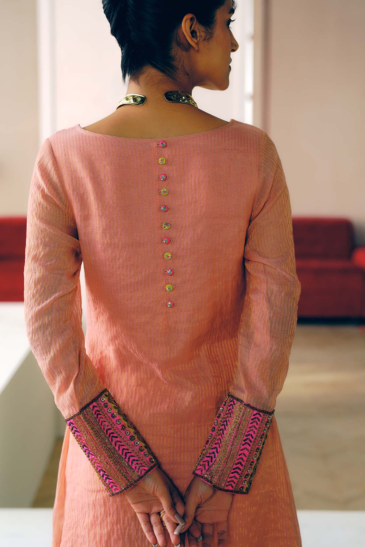 NILOUFER ROSE PINK STRIPE CHANDERI FRONT PUCKERING KURTA SET