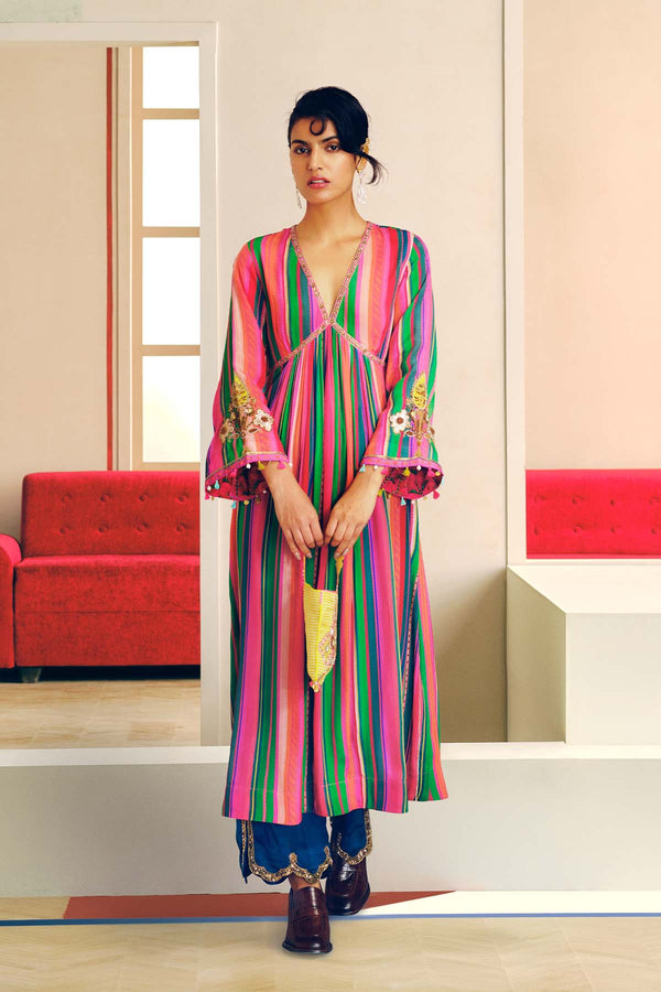 NILOUFER PINK-GREEN STRIPE ALIA CUT KURTA SET