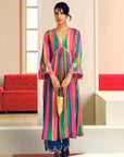 NILOUFER PINK-GREEN STRIPE ALIA CUT KURTA SET