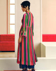 NILOUFER PINK-GREEN STRIPE ALIA CUT KURTA SET