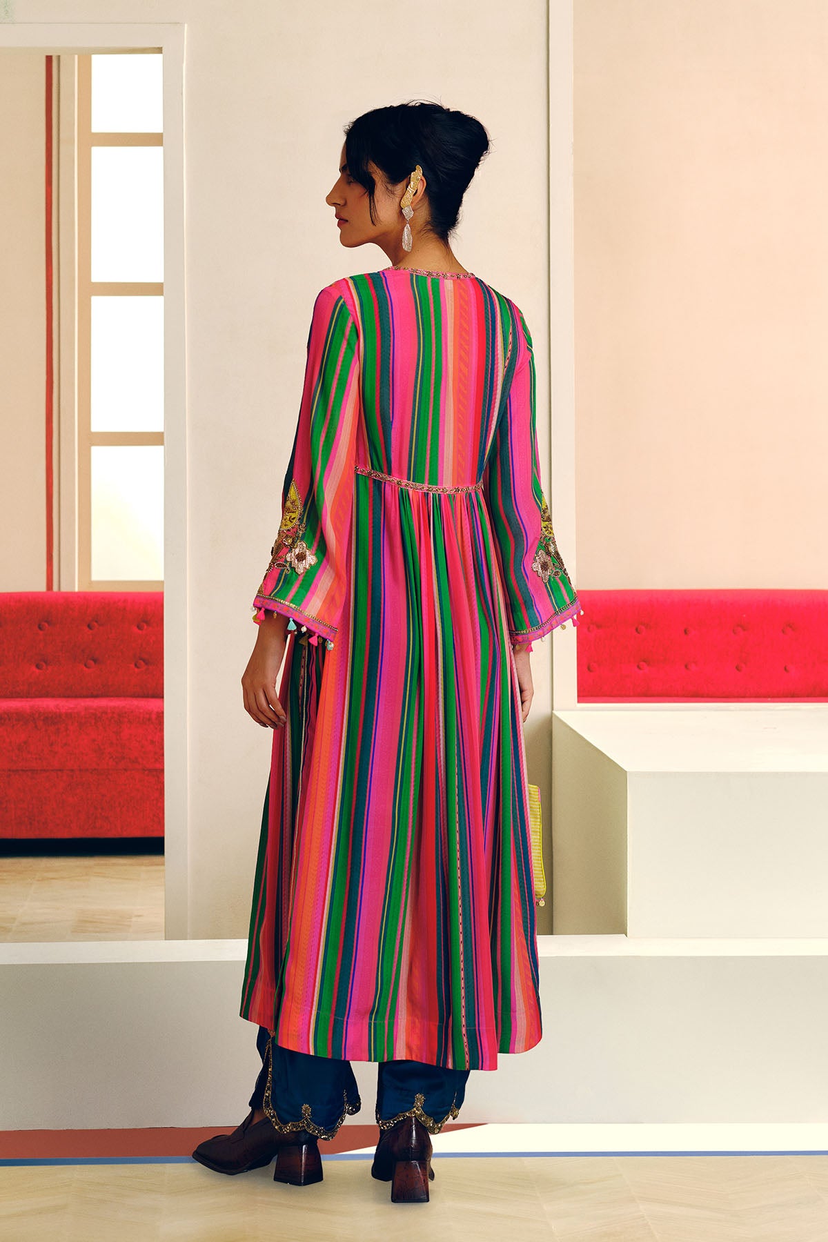 NILOUFER PINK-GREEN STRIPE ALIA CUT KURTA SET