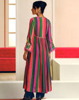 NILOUFER PINK-GREEN STRIPE ALIA CUT KURTA SET