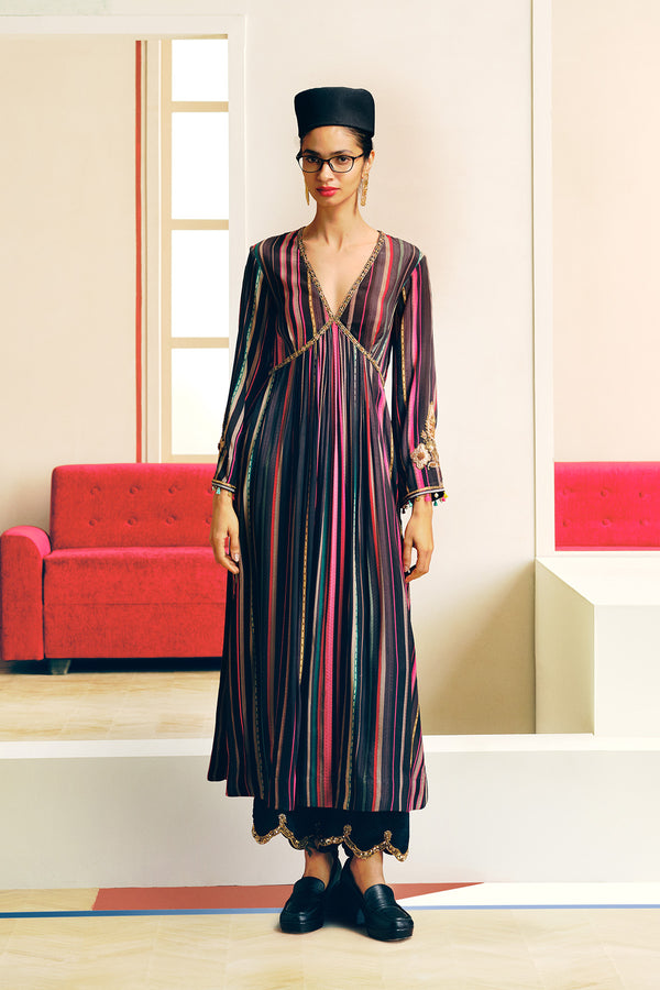 NILOUFER BLACK-PINK STRIPE ALIA CUT KURTA SET