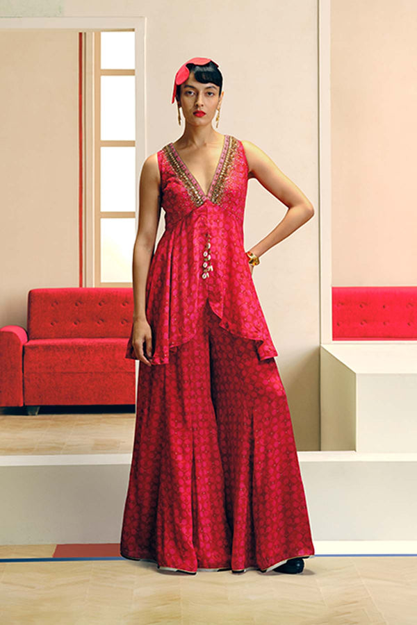 ZYRA RED-MAGENTA GULTARA PEPLUM SHARARA SET