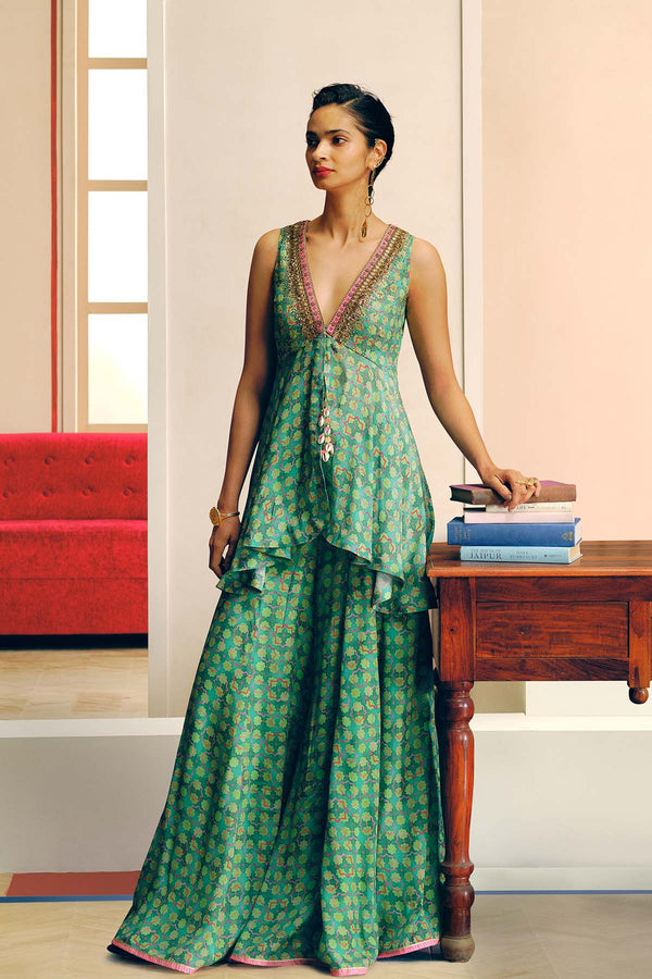 NILOUFER GREEN GULTARA PEPLUM SHARARA SET
