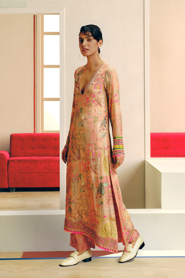 NILOUFER PASTEL PINK GULRANG ASYMMETRICAL KURTA SET