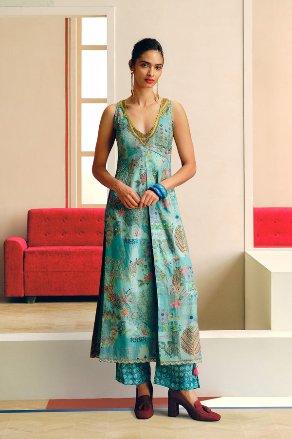 NILOUFER BLUE GULRANG PRINT HIGHLIGHT KURTA SET