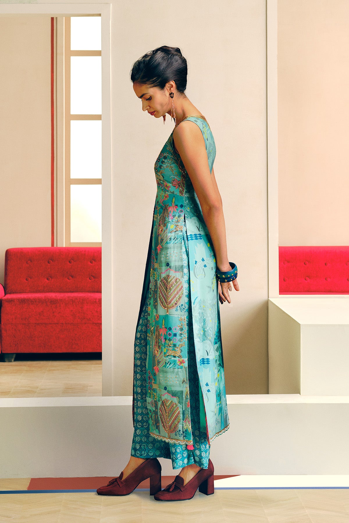 NILOUFER BLUE GULRANG PRINT HIGHLIGHT KURTA SET