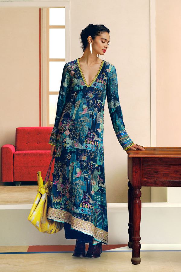 NILOUFER TEAL GULRANG ASYMMETRICAL KURTA SET