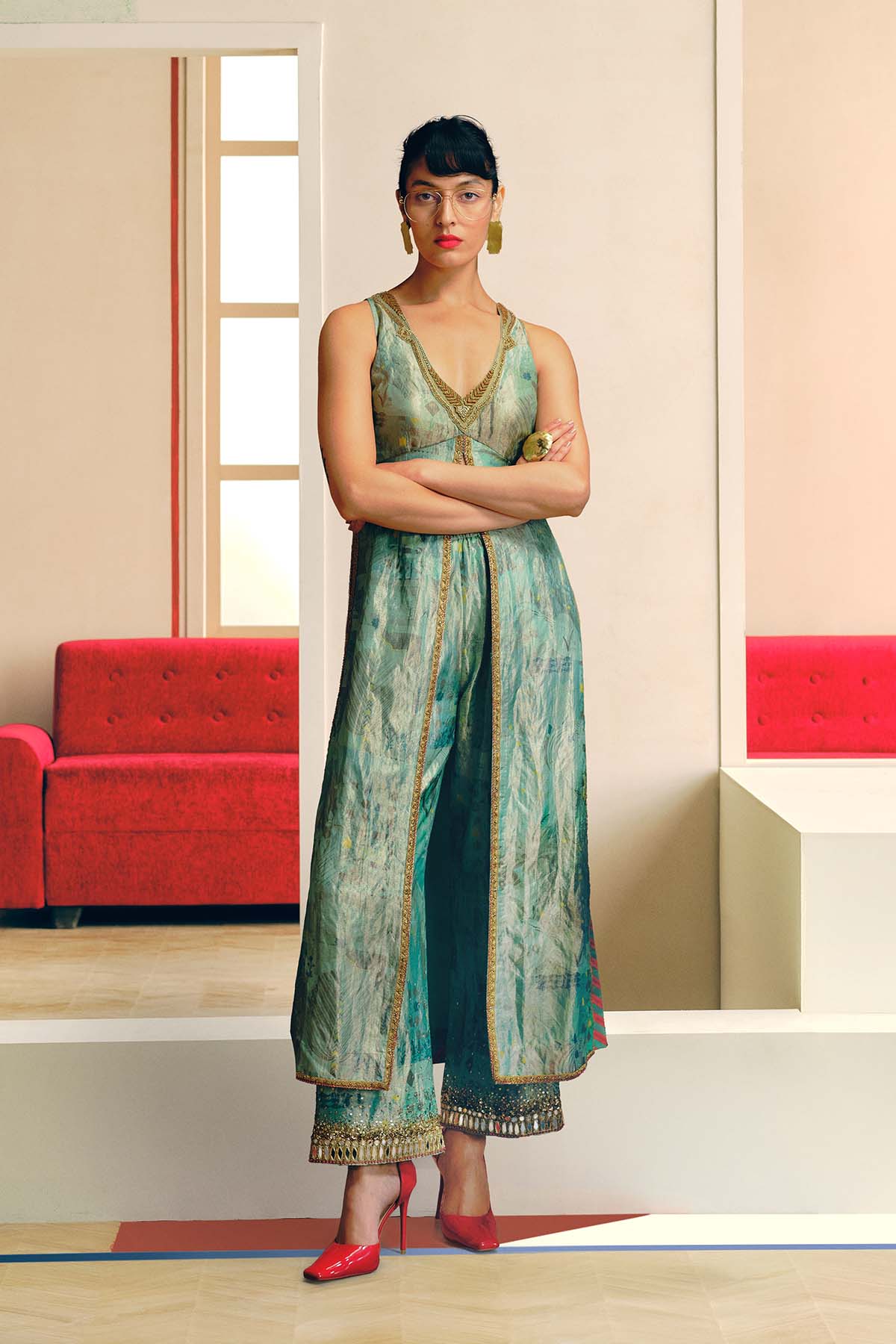 NILOUFER POWDER BLUE TISSUE GULRANG KURTA SET