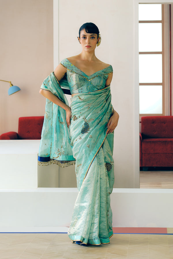 NILOUFER POWDER BLUE CARNATION JAAL SAREE SET