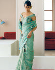 NILOUFER POWDER BLUE CARNATION JAAL SAREE SET