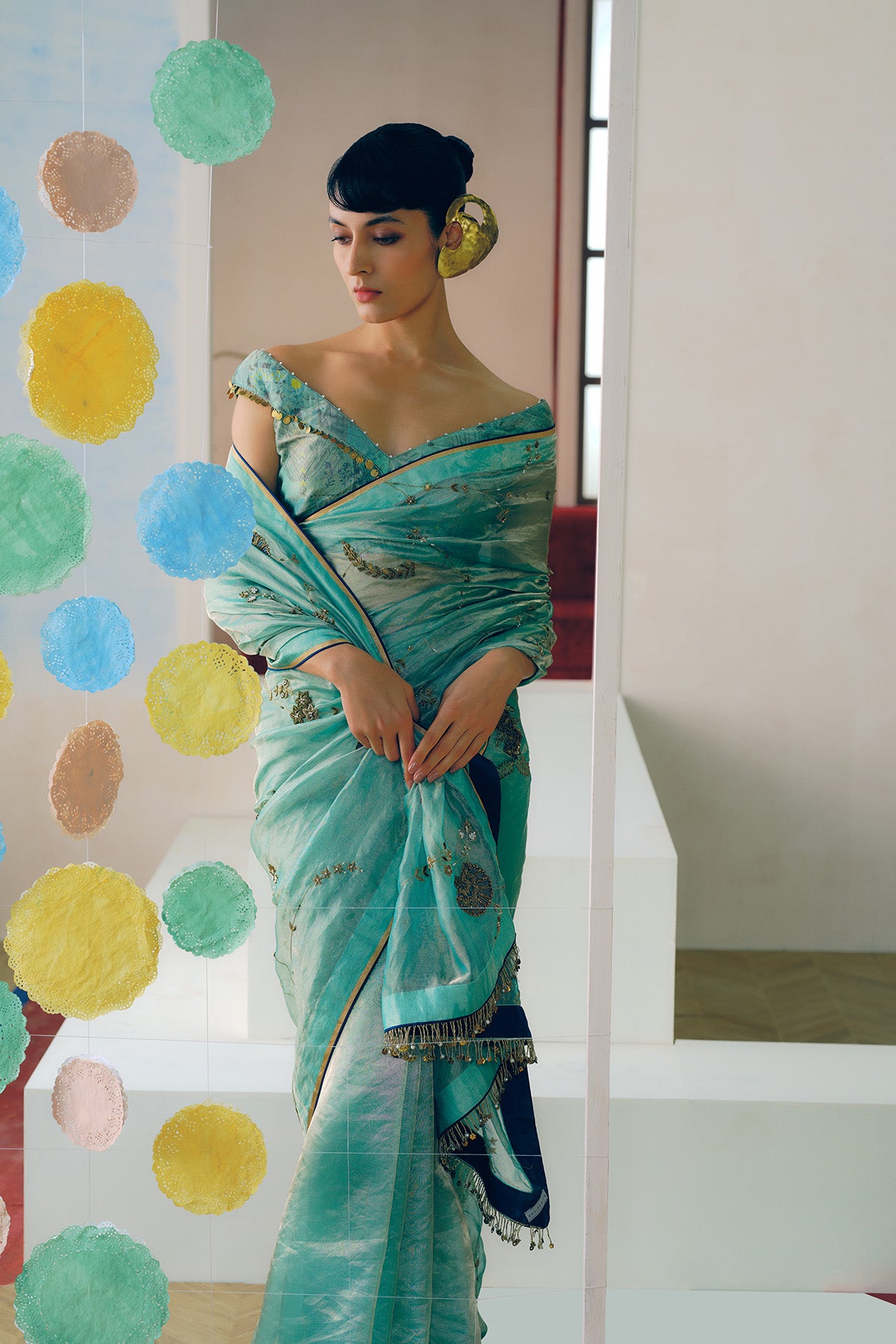 NILOUFER POWDER BLUE CARNATION JAAL SAREE SET